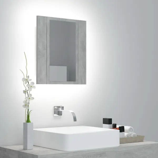 Gossi dulap de baie cu oglinda & led, gri beton, 40x12x45 cm acril