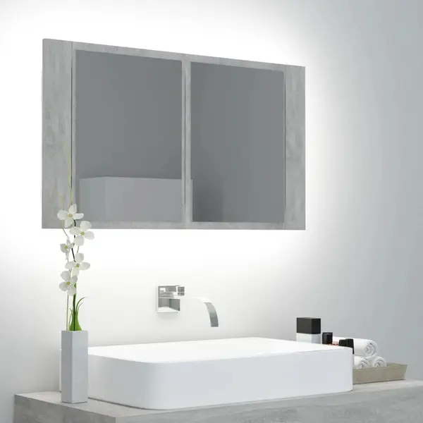 Gossi dulap de baie cu oglinda & led, gri beton, 80x12x45 cm acril