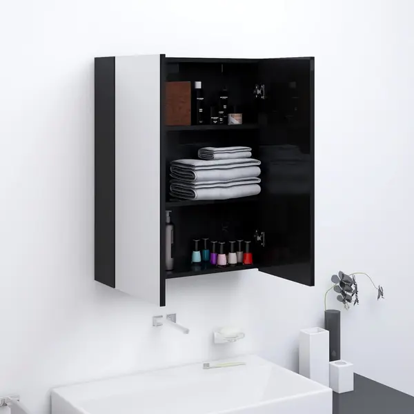 Gossi dulap de baie cu oglinda, negru stralucitor, 60x15x75 cm, mdf