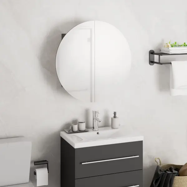Gossi dulap de baie cu oglinda rotunda si led, gri, 40x40x17,5 cm
