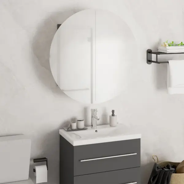 Gossi dulap de baie cu oglinda rotunda si led, gri, 47x47x17,5 cm