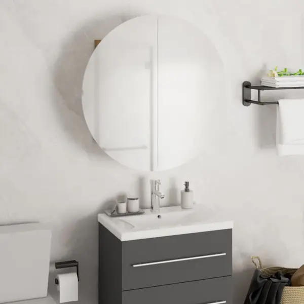 Gossi dulap de baie cu oglinda rotunda si led, negru, 47x47x17,5 cm