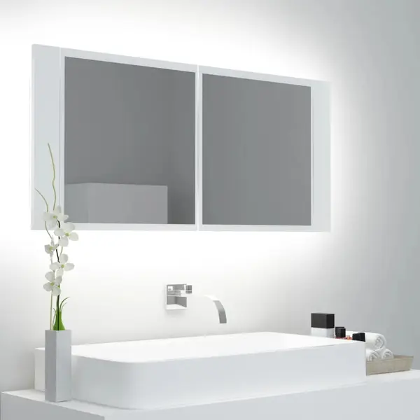 Gossi dulap de baie cu oglinda si led, alb, 100x12x45 cm, acril