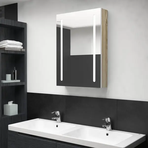 Gossi dulap de baie cu oglinda si led, alb si stejar, 50x13x70 cm