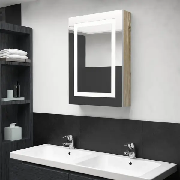 Gossi dulap de baie cu oglinda si led, alb si stejar, 50x13x70 cm