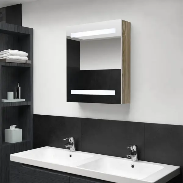 Gossi dulap de baie cu oglinda si led, alb si stejar, 50x14x60 cm