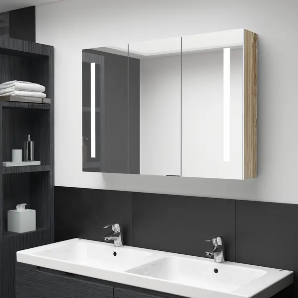 Gossi dulap de baie cu oglinda si led, alb si stejar, 89x14x62 cm