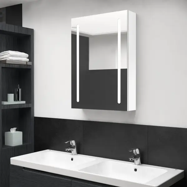 Gossi dulap de baie cu oglinda si led, alb stralucitor, 50x13x70 cm