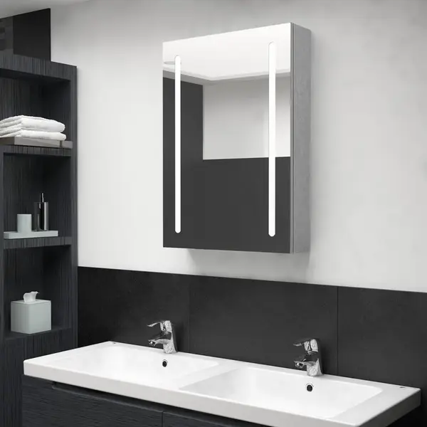 Gossi dulap de baie cu oglinda si led, gri beton, 50x13x70 cm