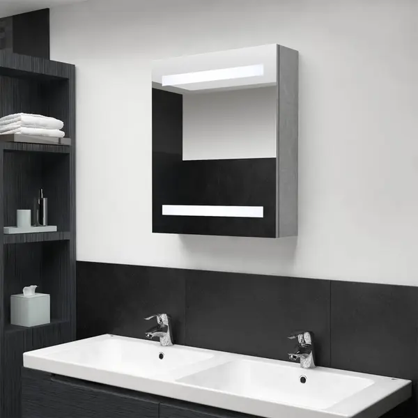 Gossi dulap de baie cu oglinda si led, gri beton, 50x14x60 cm
