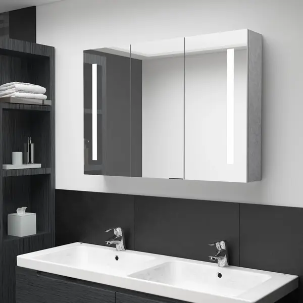 Gossi dulap de baie cu oglinda si led, gri beton, 89x14x62 cm