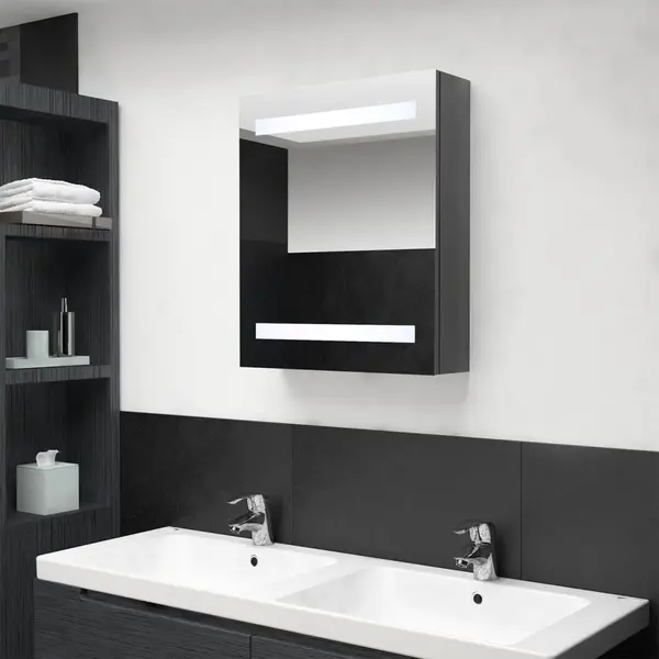 Gossi dulap de baie cu oglinda si led, gri stralucitor, 50x14x60 cm
