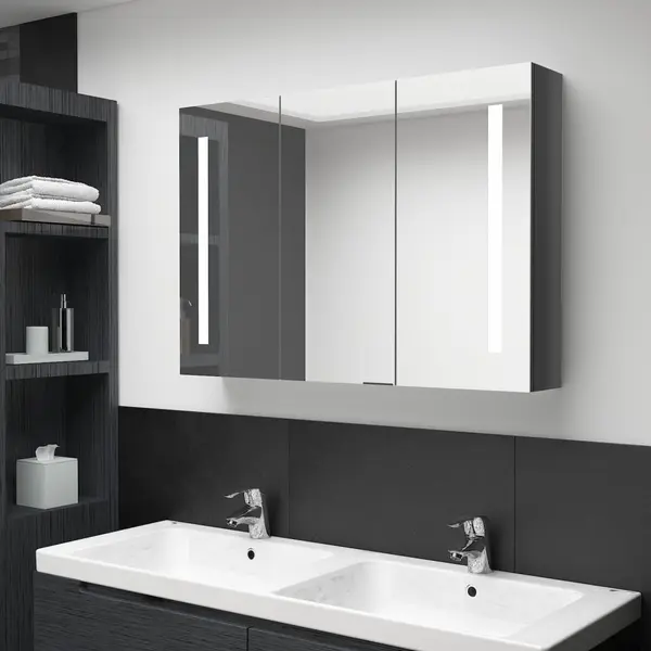 Gossi dulap de baie cu oglinda si led, gri stralucitor, 89x14x62 cm