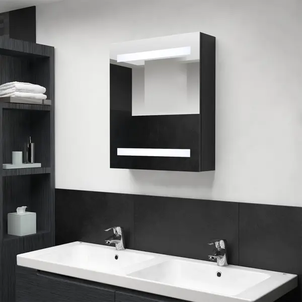 Gossi dulap de baie cu oglinda si led, negru, 50x14x60 cm