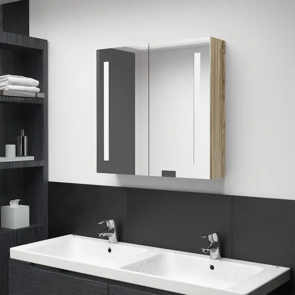 Gossi dulap de baie cu oglinda si led, stejar, 62x14x60 cm