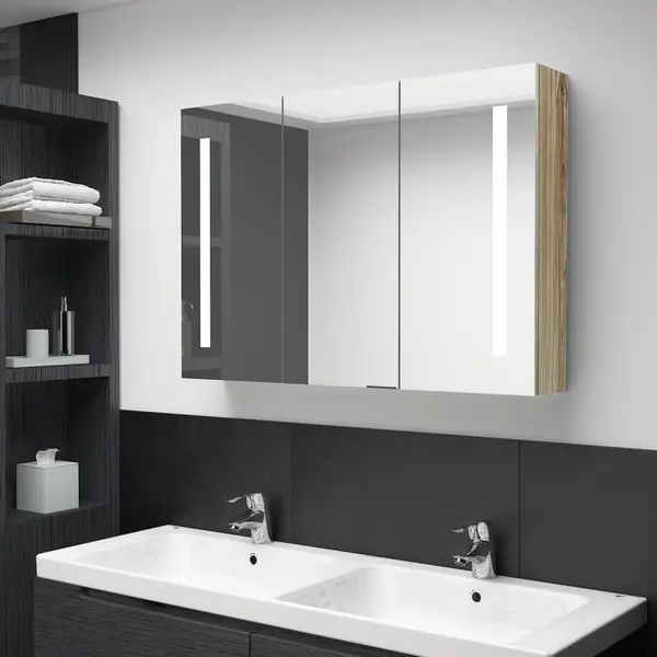 Gossi dulap de baie cu oglinda si led, stejar, 89x14x62 cm