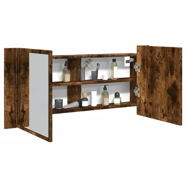 Gossi dulap de baie cu oglinda si led, stejar fumuriu, 100x12x45 cm