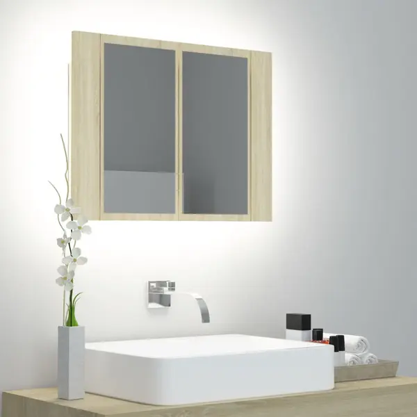 Gossi dulap de baie cu oglinda si led, stejar sonoma, 60x12x45 acril