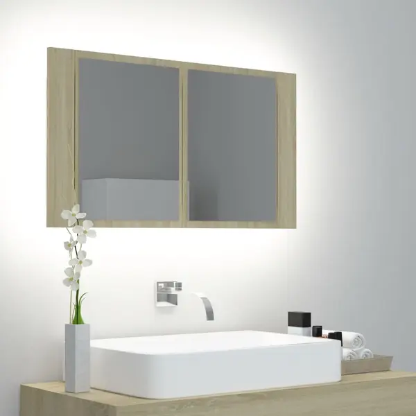 Gossi dulap de baie cu oglinda si led, stejar sonoma, 80x12x45 acril