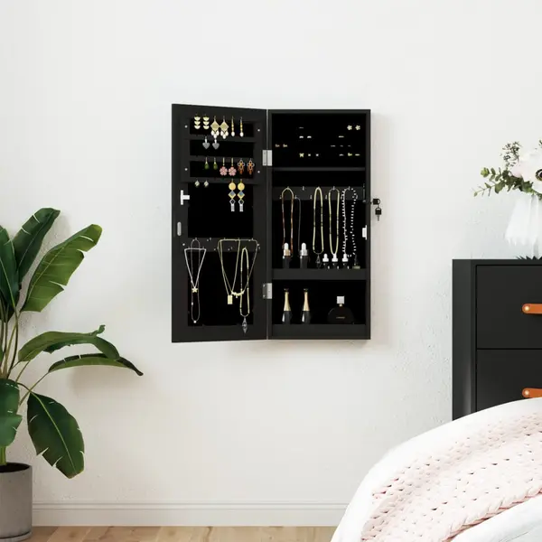 Gossi dulap de bijuterii cu oglinda de perete, negru, 30x8,5x67 cm
