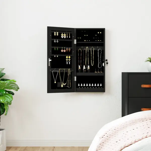 Gossi dulap de bijuterii cu oglinda si lumini led, de perete, negru