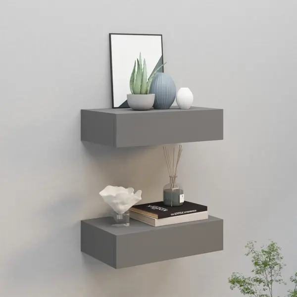 Gossi dulap de perete cu sertar, 2 buc., gri, 40x23,5x10 cm, mdf