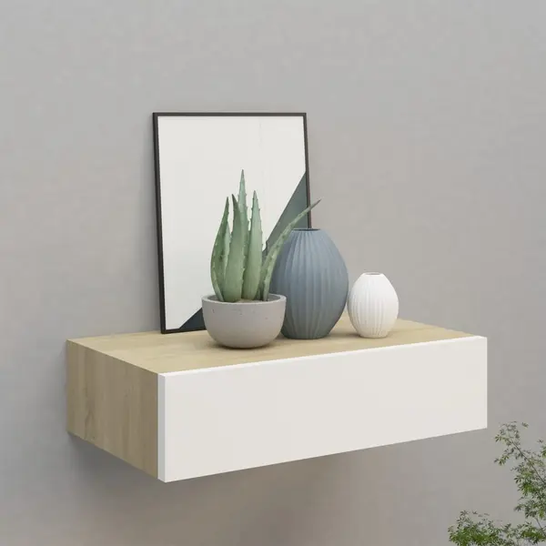 Gossi dulap de perete cu sertar, alb si stejar, 40x23,5x10 cm, mdf