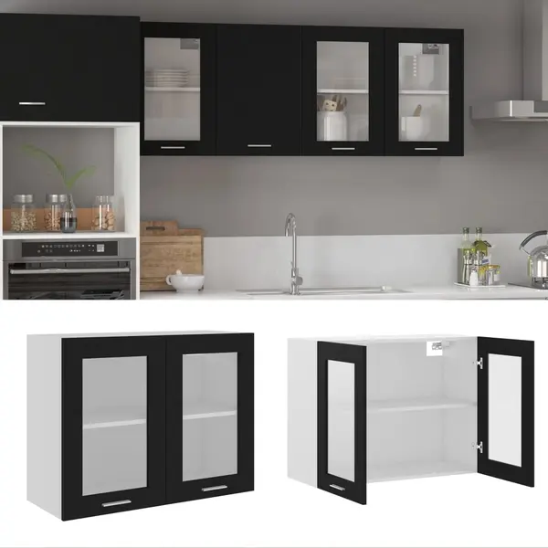 Gossi dulap de sticla suspendat, negru, 80x31x60 cm, lemn prelucrat