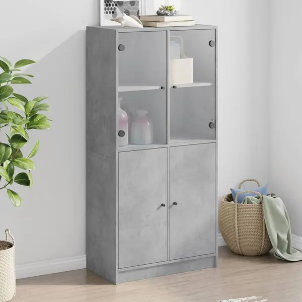 Gossi dulap inalt cu usi, gri beton, 68x37x142 cm, lemn compozit