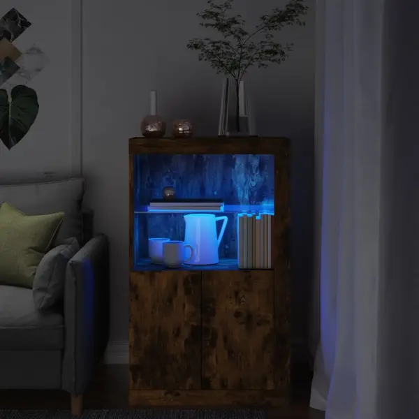 Gossi dulap lateral cu lumini led, stejar fumuriu, lemn prelucrat