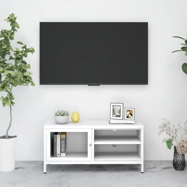 Gossi dulap tv, alb, 90x30x44 cm, otel si sticla