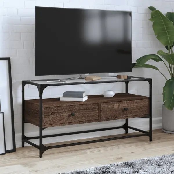 Gossi dulap tv blat sticla, stejar maro, 98x35x51 cm lemn prelucrat