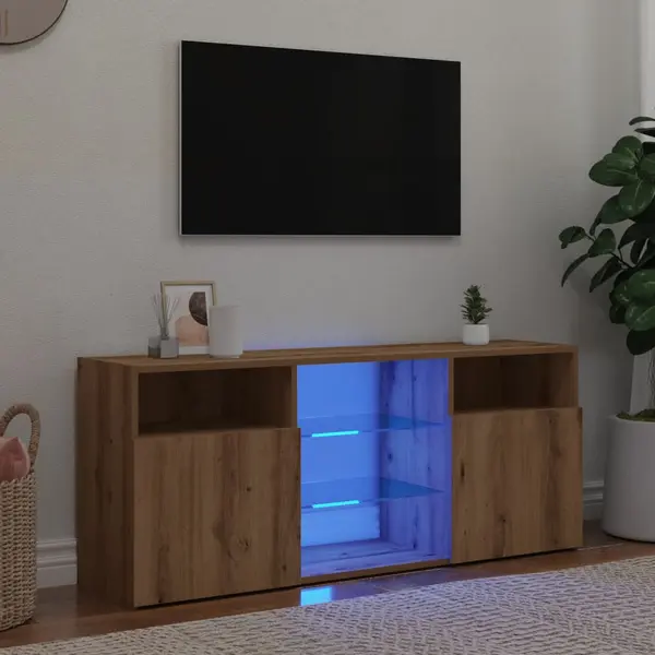 Gossi dulap tv cu led stejar artizanal 120x30x50 cm lemn prelucrat