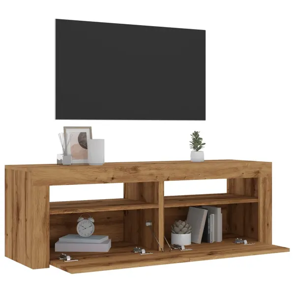 Gossi dulap tv cu led stejar artizanal 120x35x40 cm lemn prelucrat