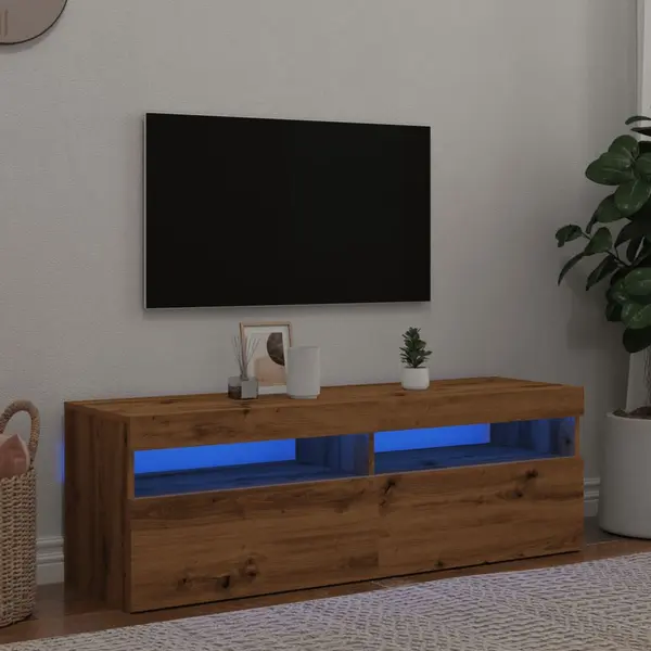Gossi dulap tv cu led stejar artizanal 120x35x40 cm lemn prelucrat