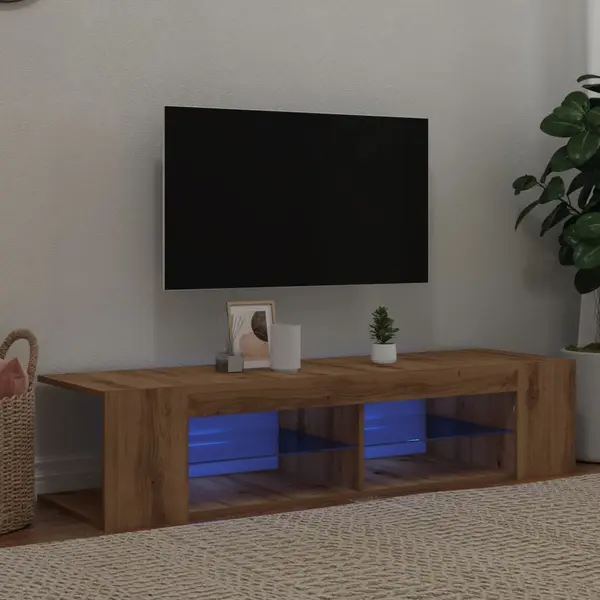 Gossi dulap tv cu led stejar artizanal 135x39x30 cm lemn prelucrat