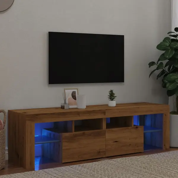 Gossi dulap tv cu led stejar artizanal 140x36,5x40 cm lemn prelucrat