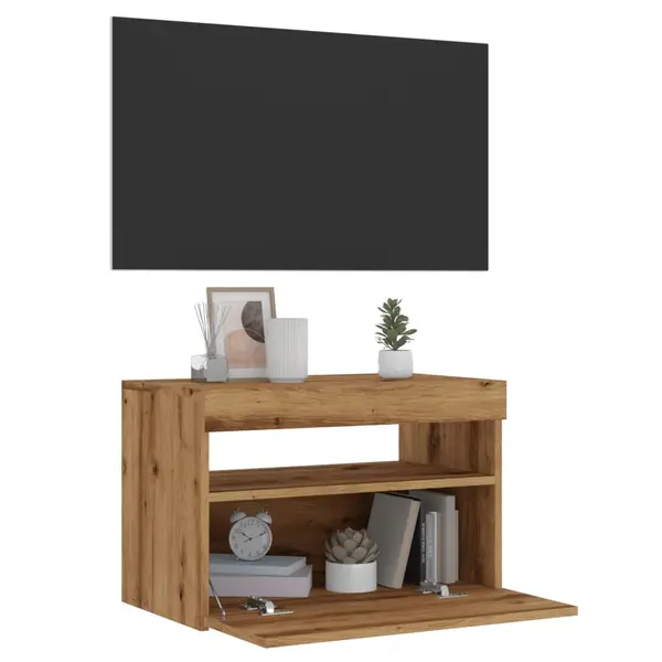 Gossi dulap tv cu led stejar artizanal 60x35x40 cm lemn prelucrat