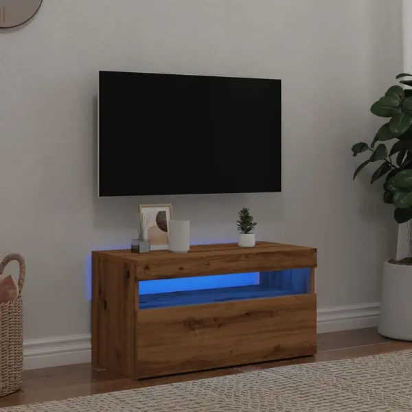 Gossi dulap tv cu led stejar artizanal 75x35x40 cm lemn prelucrat