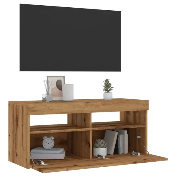 Gossi dulap tv cu led stejar artizanal 90x35x40 cm lemn prelucrat