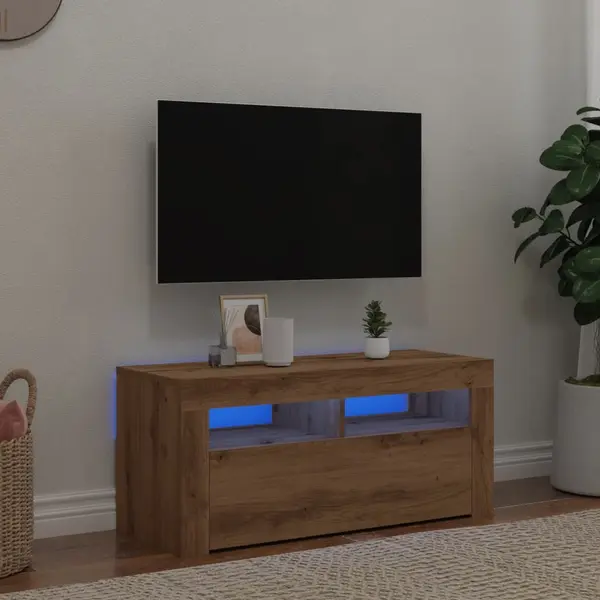 Gossi dulap tv cu led stejar artizanal 90x35x40 cm lemn prelucrat