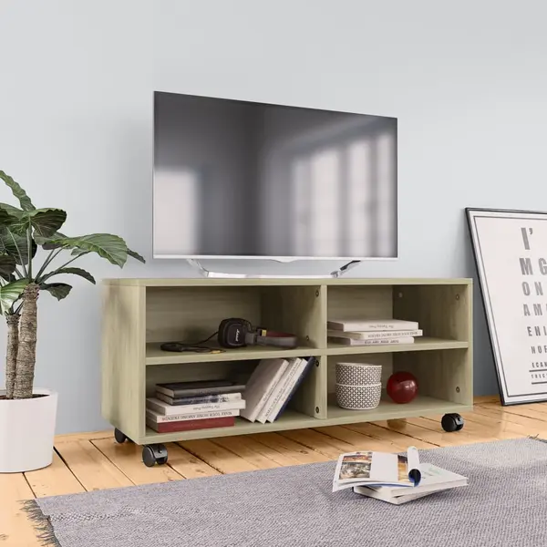 Gossi dulap tv cu rotile, stejar sonoma, 90x35x35, lemn prelucrat