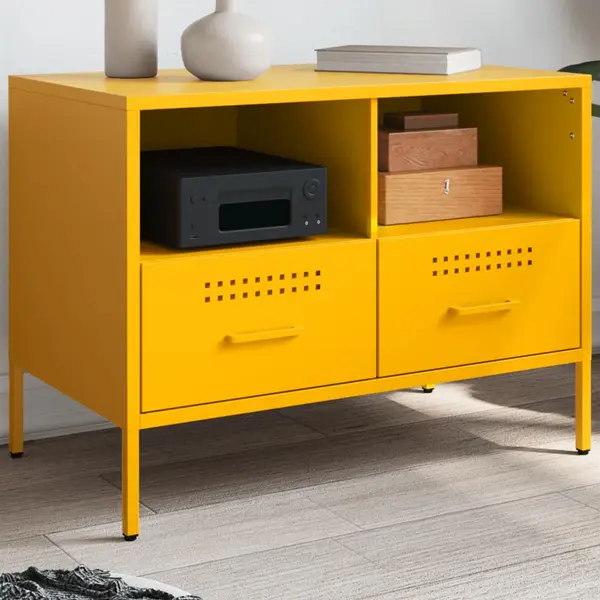Gossi dulap tv, galben mustar, 68x39x50,5 cm, otel laminat la rece