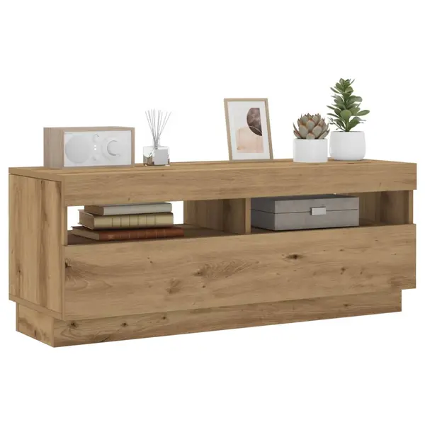 Gossi dulap tv lumini led stejar artizanal 100x35x40cm lemn prelucrat