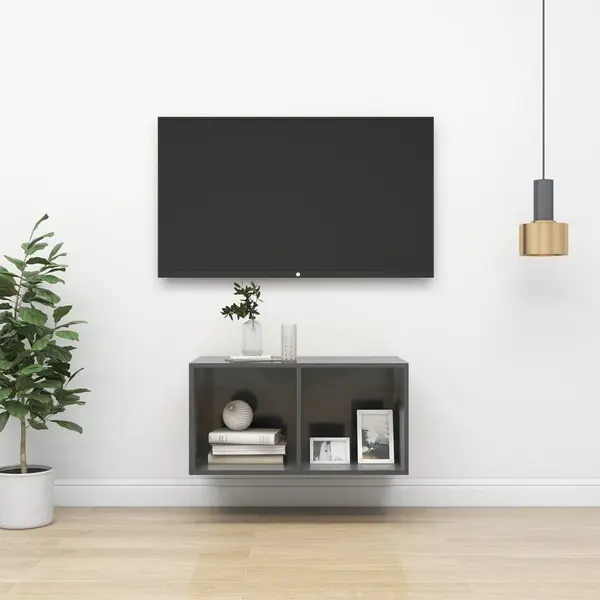 Gossi dulap tv montat pe perete, gri extralucios, 37x37x72 cm, pal