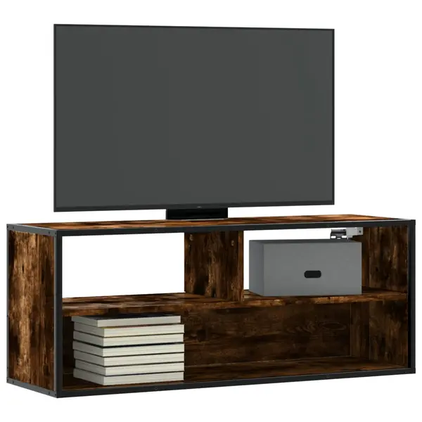 Gossi dulap tv stejar fumuriu 100x31x39,5 cm, lemn prelucrat si metal
