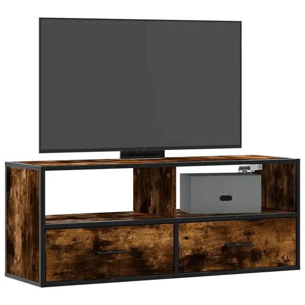 Gossi dulap tv stejar fumuriu 100x31x39,5 cm, lemn prelucrat si metal