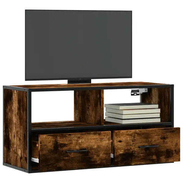 Gossi dulap tv stejar fumuriu, 80x31x39,5 cm, lemn prelucrat si metal