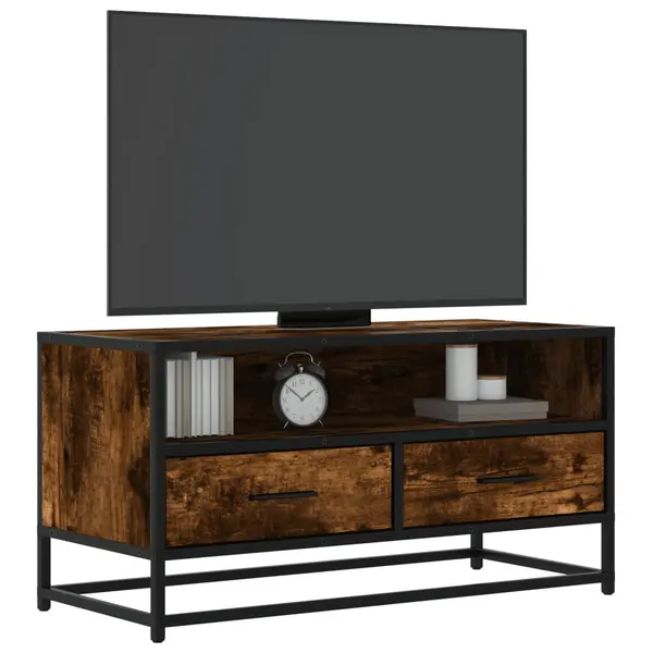 Gossi dulap tv stejar fumuriu, 80x34,5x40 cm, lemn prelucrat si metal