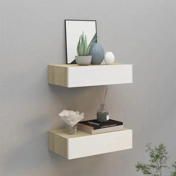 Gossi dulapuri de perete cu sertar 2 buc stejar/alb 40x23,5x10 cm mdf